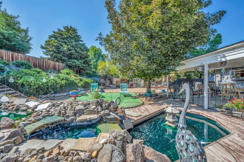 Back yard with water feature
