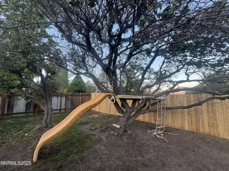 Children's playset with tree-house platform, cargo climbing net, and double bump slide