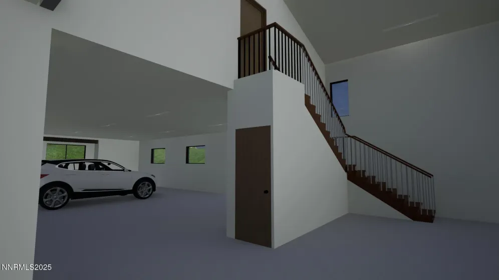 Garage view with loft stairs (rendering) Garage view with loft stairs (rendering)