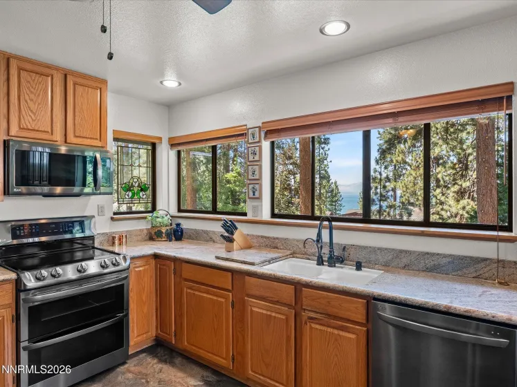 Kitchen with lake views