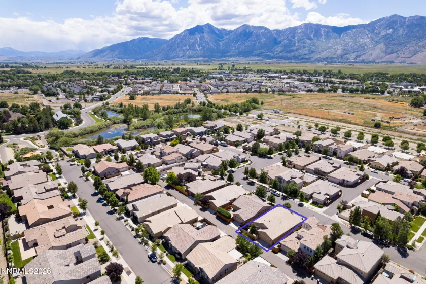 Aerial View of Neighborhood w/ Jake's Wetland and Sierra Mountains