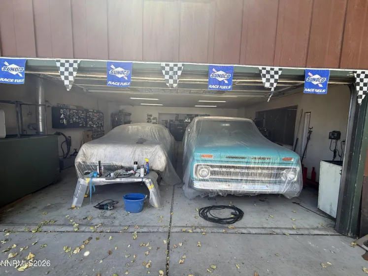 Garage door of shop.