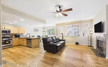Kitchen, dining and living room.