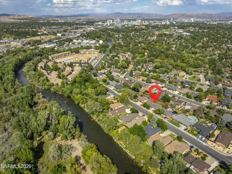Drone shot, Truckee River & downtown Reno