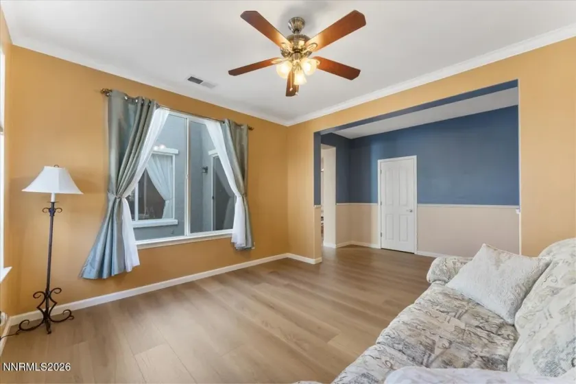 Formal living room with view of the atrium